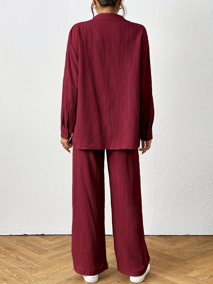2pcs Women Spring & Autumn Casual Solid Color Long Sleeve Shirt And Pants Set