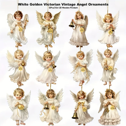 12pcs/24pcs Victorian Style Angel Ornaments - Serene White Angels with Golden Bells and Ribbons, Perfect for Home, Window, Fireplace, and Party Decorations, Festive Spring and Country Style, Ideal Celebration and Party Gift,