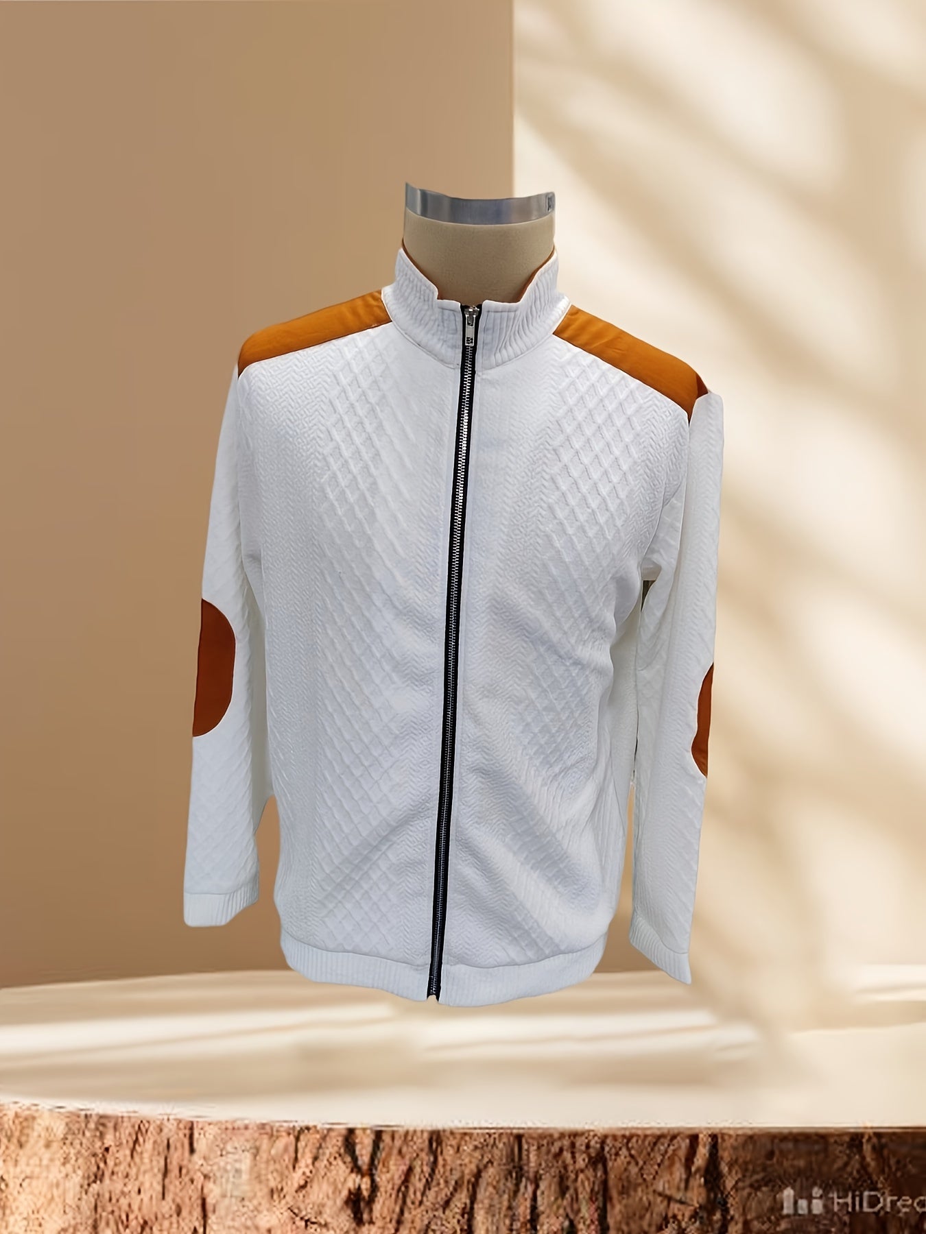 Men's Beige & Orange Contrast Full-Zip Jacket - Winter Warmth Loose-Fit Tailored Coat with Stand Collar, Zippered Pockets & Full-Zip Closure, Machine Washable Casual Outerwear for Men (Beige/Orange) - Ideal for Fall and Winte