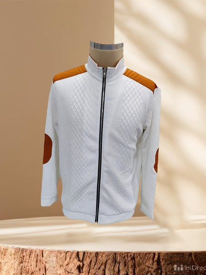 Men's Beige & Orange Contrast Full-Zip Jacket - Winter Warmth Loose-Fit Tailored Coat with Stand Collar, Zippered Pockets & Full-Zip Closure, Machine Washable Casual Outerwear for Men (Beige/Orange) - Ideal for Fall and Winte