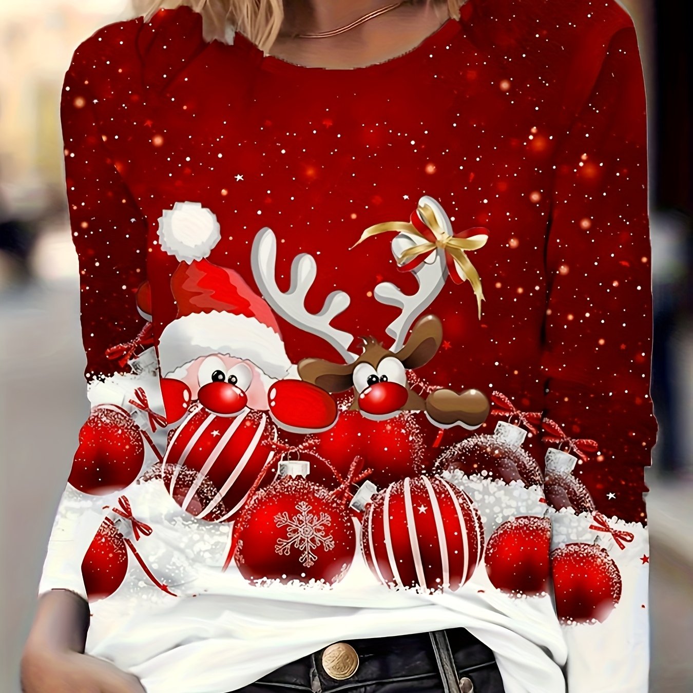 Women's Elegant Red Christmas Sweater - Long Sleeve Round Neck Blouse with Santa & Reindeer Print (Rudolph, Bells) - Machine Washable Holiday Party Outfit, Casual Winter Top for Xmas, Gift for Her