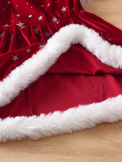 Girls' Christmas Party Dress - Red & Polka Dot A-Line Mid-Length Winter Dress with Puff Sleeves, Round Neck & Flared Skirt for Holiday Celebrations, Christmas Dresses For Girls, Festive Outfit, Playful Design