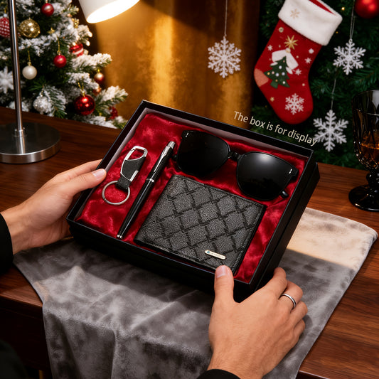 4 հատ տղամարդու գործարար ոճի նորաձև դրամապանակ, ստորագրությամբ գրիչ, ակնոցներ, բանալիի շղթա - ռոմանտիկ նվեր ընկերոջ/ընտանիքի համար, հարմար է Սուրբ Ծննդյան նվերների, Սուրբ Վալենտինի օրվա, նվերների տղամարդկանց/հայրերի համար։