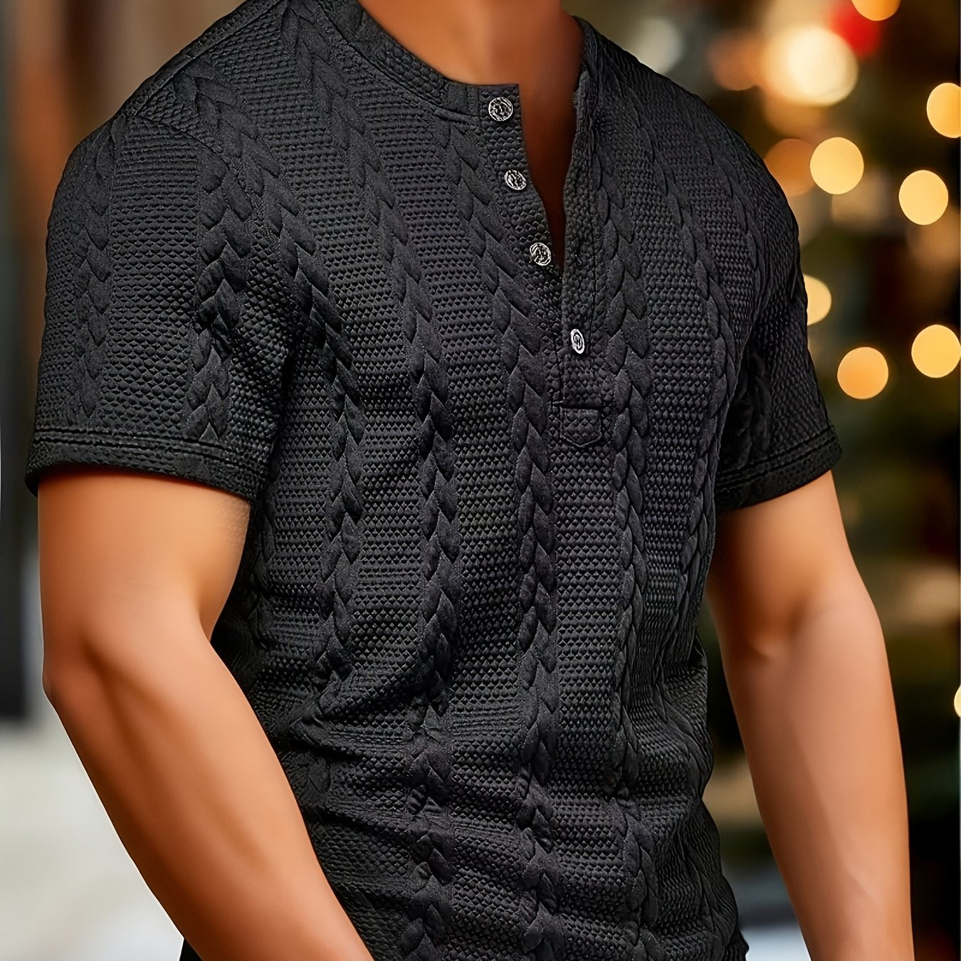 Men'S Fashion Knitted Shirt | Casual Crew Neck, Half Placket, Button Details, Short Sleeves, Solid Color with Slight Stretch Fabric - CLQWE - ayq