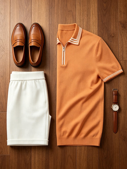 Men's Casual Striped Knit Polo & Lightweight Shorts Set
