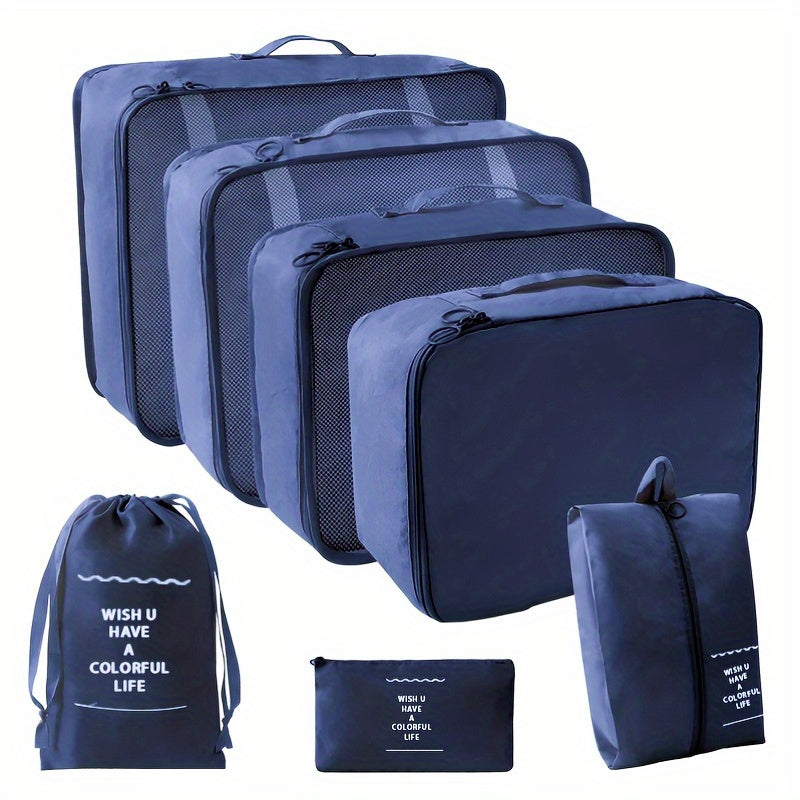 7pcs Pink Travel Organizer Set - Durable Polyester Packing Cubes with Inspirational Quotes, Includes Clothes, Underwear, Shoe, Cosmetic & Toiletry Bags for Efficient & Stylish Storage