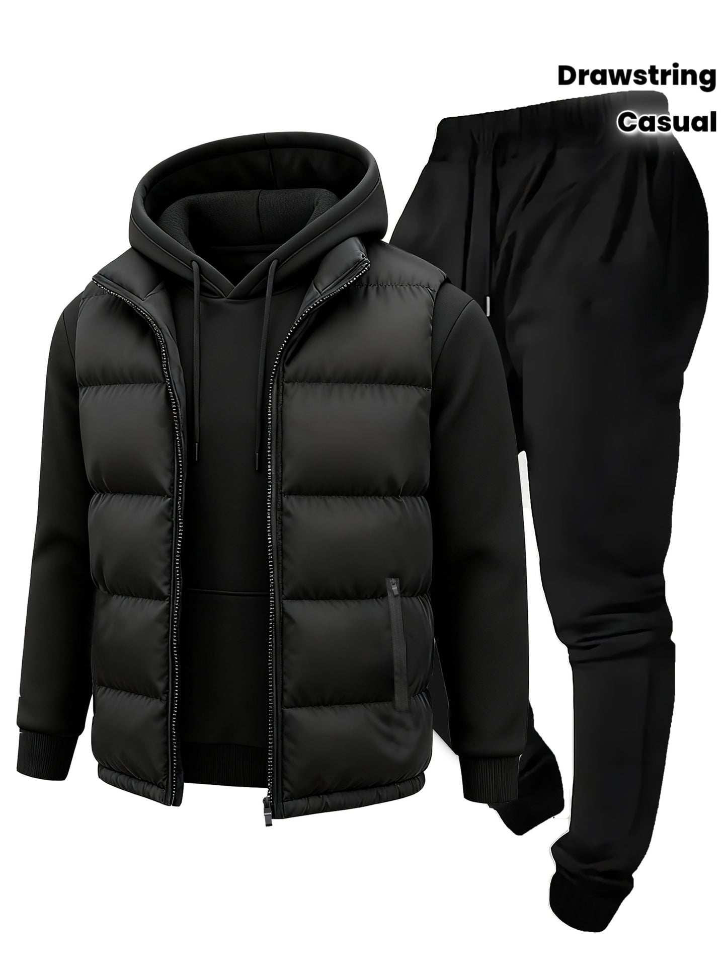 3pcs Vest Casual Set for Men Men's Casual Cartoon Drawstring Pocket Hoodie and Sports Drawstring Trousers Matching Set - ayq