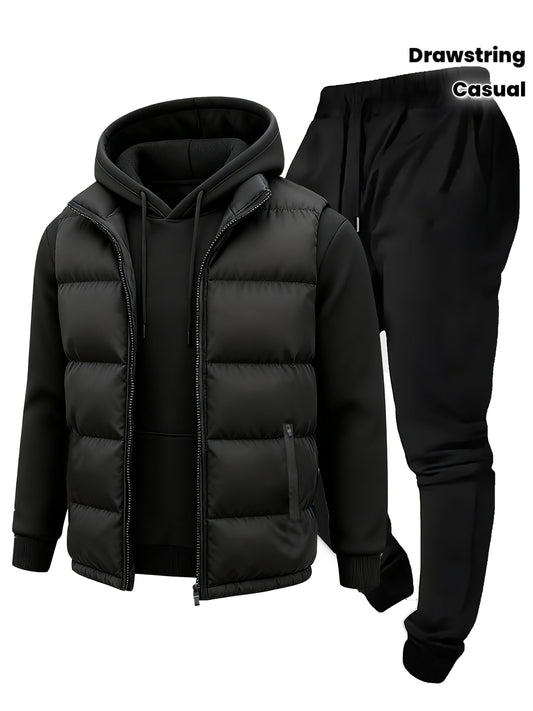 3pcs Vest Casual Set for Men Men's Casual Cartoon Drawstring Pocket Hoodie and Sports Drawstring Trousers Matching Set