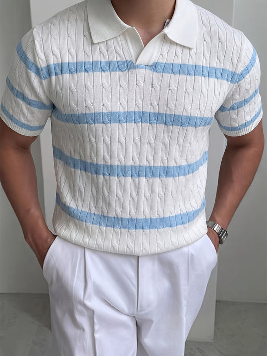 Men's Summer Polo Shirt Striped Knit Casual Short Sleeve