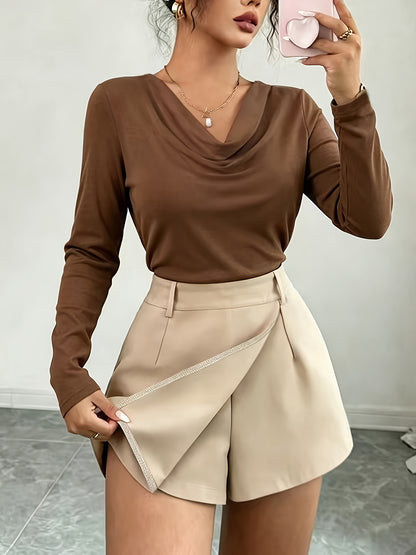 Elegant Autumn Top and Shorts Set with Belt for Women