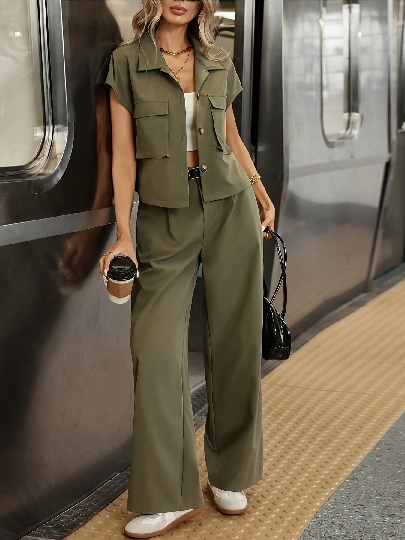 Women's Casual Solid Color Shirt and Pants 2pcs Set, Spring Summer 2pcs Set: Solid Color Button-Up Short Sleeve Top and Pocket Pants, Women's Casual Elegant Spring Summer 2pcs Outfit, Women's Outing and Date Wear, Spring Summ - ayq