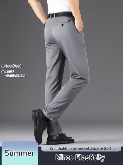 Men's Solid Color Straight Leg Business Style Cotton Blend Pants, Casual Comfy Breathable Outdoor Trousers As Gift
