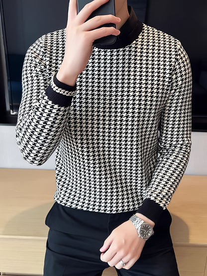 Նոր տղամարդու Houndstooth գունավոր խճճված սվիտեր, կլոր վզնոցով և երկար թևքերով ամենօրյա սվիտեր, տրիկոտաժե