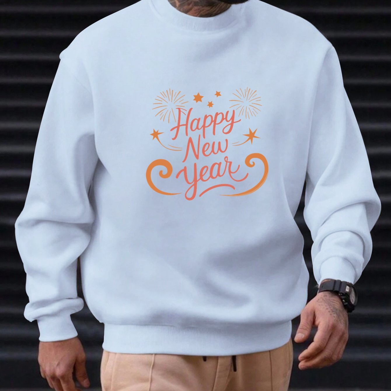 Men'S Happy New Year Sweatshirt - Light Grey with Orange Lettering - Regular Fit Crewneck Pullover for New Year'S Eve, NYE Parties & Casual Attire - Non-Permanent Celebration Sweater for Everyday & Special Occasions, New Year