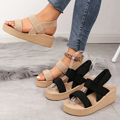 Women'S Summer Wedge Sandals, Comfortable Fabric Upper, Slip-On Round Toe Platform Heel, Casual Beach Shoes with Rubber Sole and Insole