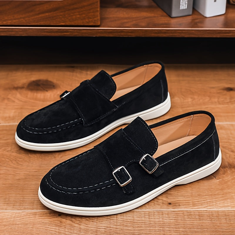 Men's British Style Double Buckle Loafers, Soft Sole Casual Shoes
