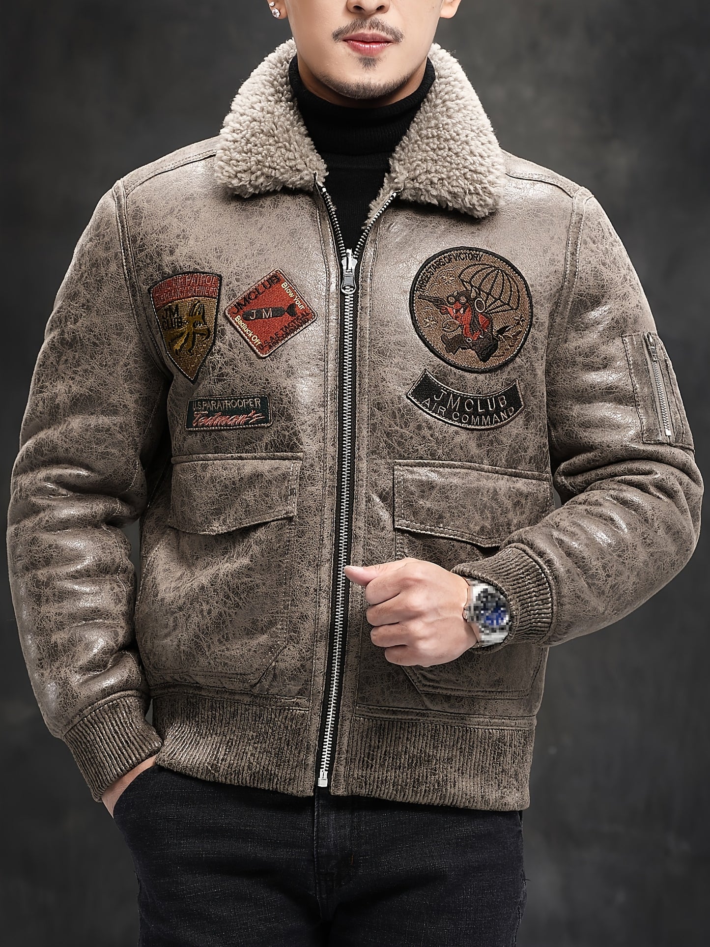 Men'S Faux Fur Lined Biker Jacket, Casual Long Sleeve Applique Air Force Style, Polyester 100% Knit Fabric, Solid Color Lapel Collar, Zipper Closure, Regular Fit for Daily & Golf Occasions - Fall/Winter Collection