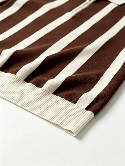 Men's Slim Fit Vertical Stripe Knit Polo with Half-Zip Collar