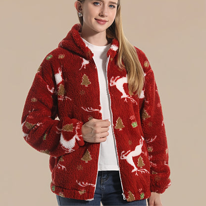 Cozy Christmas Reindeer Sweater - Red & Golden holiday Sweater with Deer, Soft Coral Fleece-like Pullover for Women & Men, Winter party Outfit, Lounge Wear - Machine Washable Cold Weather Clothing, Christmas Sweaters, Festive