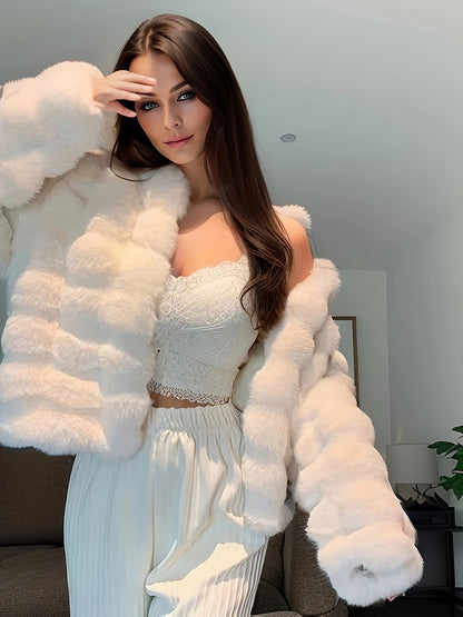 Women'S Elegant Faux Fur Jacket - Long Sleeve, Solid Color, Zip-Up with Pockets, Perfect for Fall/Winter, Cozy & Stylish Outerwear, Cozy Fall Jacket | Zipup Jacket | Structured Design