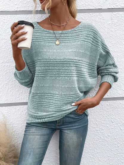 1 հատ Women'S Casual Crew Neck Knit T-shirt - պոլիեսթեր պինդ գույնի երկարաթև վերնաշապիկ գարնան/աշունի համար