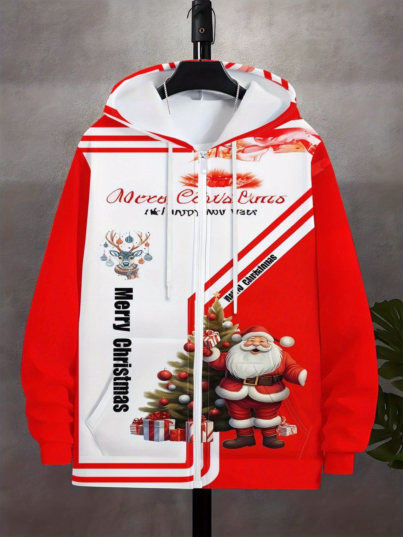 Men's Christmas Zip Hooded Sweatshirt with Santa & Tree 3D Print - Full-Zip Front Jacket, Loose Fit Winter Sweater for Holiday Travel & Casual Wear, Machine Washable Coat for Gifts and Party Outfits