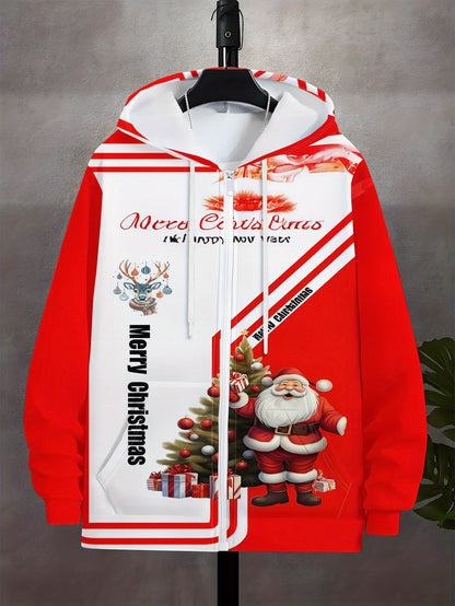 Men's Christmas Zip Hooded Sweatshirt with Santa & Tree 3D Print - Full-Zip Front Jacket, Loose Fit Winter Sweater for Holiday Travel & Casual Wear, Machine Washable Coat for Gifts and Party Outfits