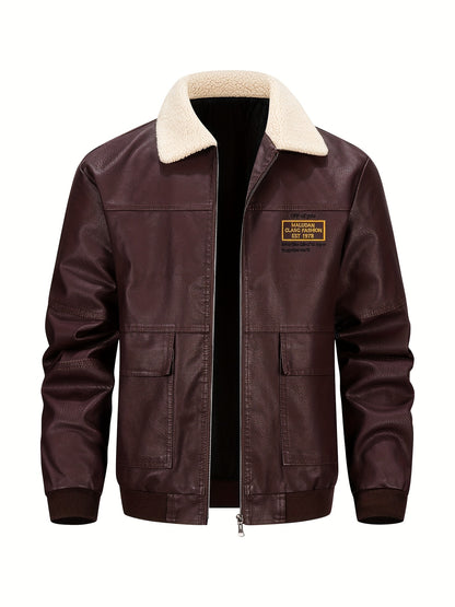 Men's Heavy-Duty Jacket - Thick Collar & Zippered Pockets, Brown/, Motorcycle-Ready Workwear Coat for Construction, Commuting - Non-Stretch Exterior & Polyester Lining - Autumn/Winter Outerwear, Casual Workwear, Embroidered D