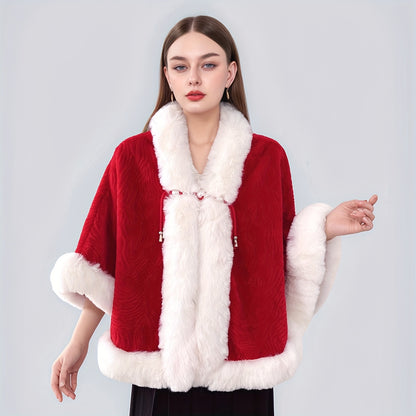 Festive Shawl Wrap with Faux Fur Trim and Pearl Accents - 100% Polyester Christmas Poncho Cape for Party and Wedding, Warm Decorative Inelastic Shawl for Winter, Hand Washable