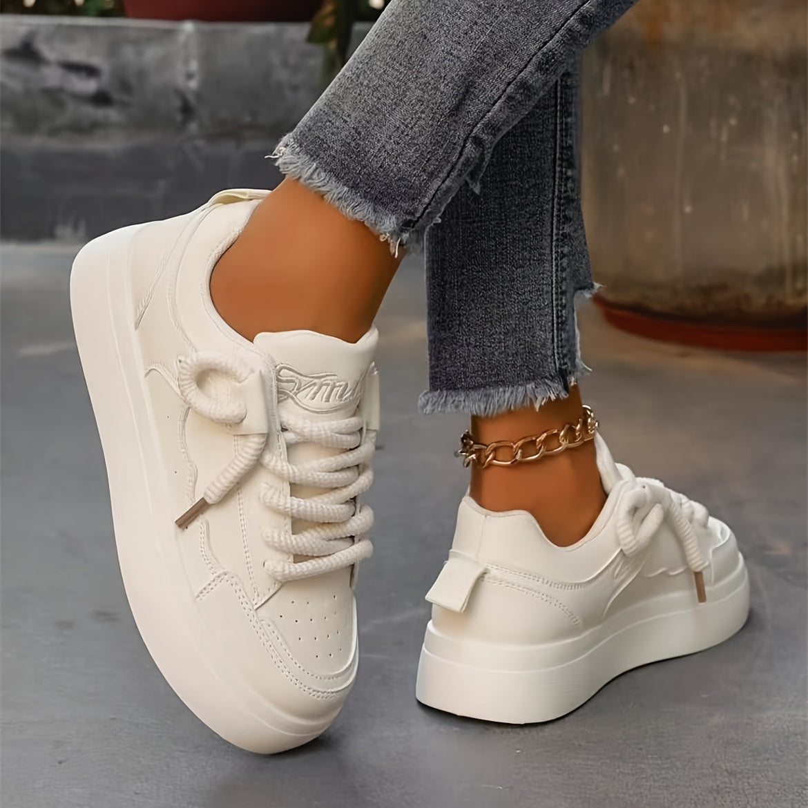 Women's Solid Color Casual Sneakers, Lace Up Platform Soft Sole Walking Shoes, Comfort Low-top Preppy Shoes