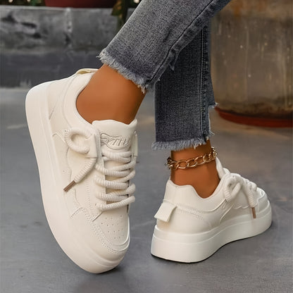 Women's Solid Color Casual Sneakers, Lace Up Platform Soft Sole Walking Shoes, Comfort Low-top Preppy Shoes