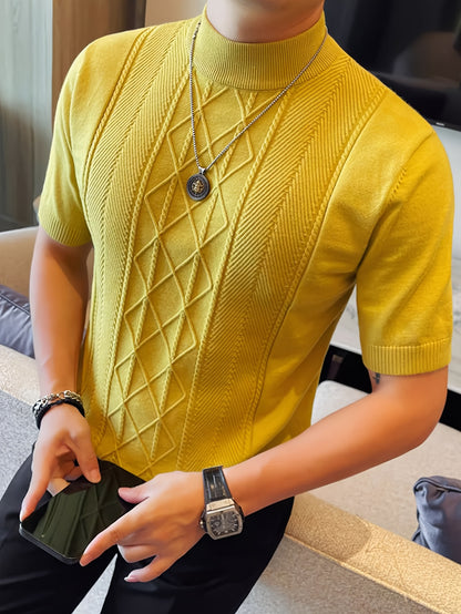 Men's New Solid Color Rhombus Fashion Semi-High Neck Knit Sweater, Spring/Summer Casual Short Sleeve Knit Top - ayq