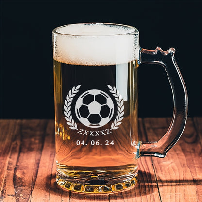 Extra Large Glass Beer Mug with Football Design and Handle