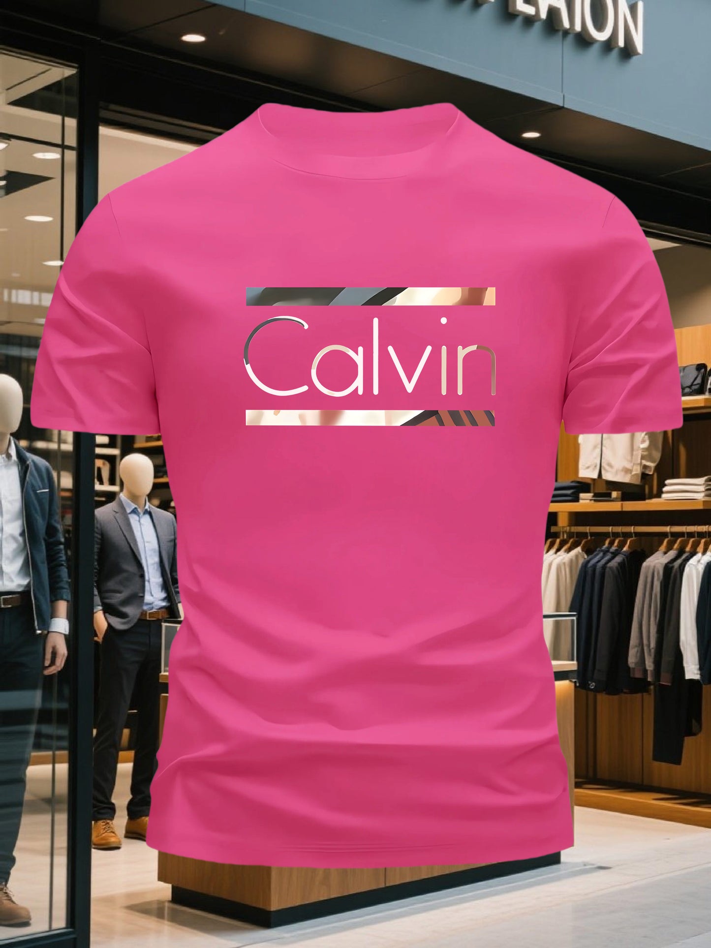 Men'S Bright Pink CALVI Graphic T-Shirt - Soft Breathable 100% Cotton Crewneck Tee, Everyday Casual Shirt for Office, Outings  Gym - Minimalist Modern Top, Comfortable Clothing, Stylish Letter Print, Durable Fabric, Short Sl