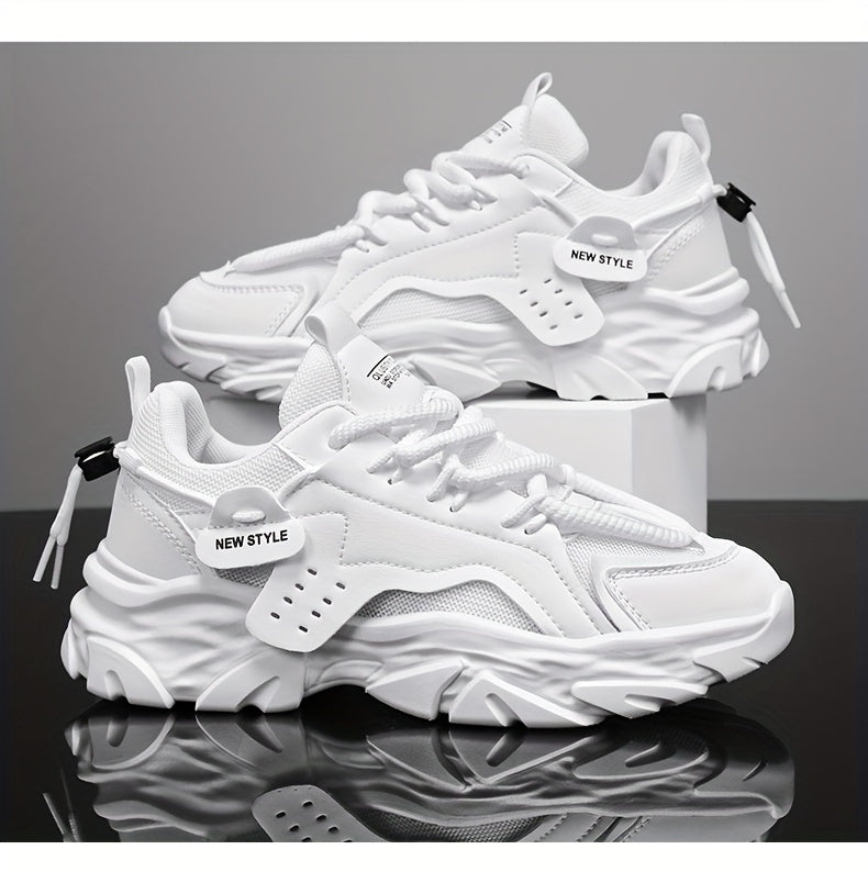 Men's Fashion Chunky Sneakers - Sports & Casual Streetwear Shoes, Solid Color, Non-Slip Lace-Up, Thick Sole, Low Top Fabric Sneakers for All Seasons, Running & Hiking, Universal Fit - Round Toe