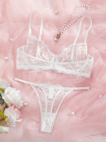 Sexy Lace Eyelash Strappy Lingerie Set for Women