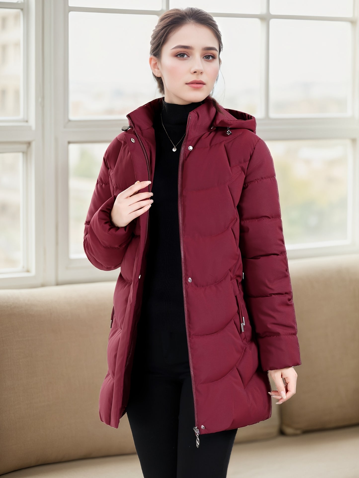 Կանացի էլեգանտ ձմեռային բաճկոն - Մազերի նման ուլունքաձև կոճակներով փակվող վերարկու, փքված չէ, ձեռքով լվացվող երկար թևքերով վերնազգեստ ցուրտ եղանակի համար (անկանոն և պաշտոնական) - սև բաճկոն առանց գոտու/պարագաների (պատրաստի կրելու), ձմեռային Ջա