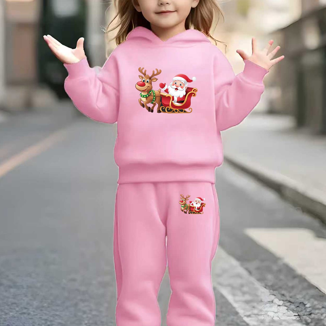 2pcs Girls & Boys Winter Warm Pink Hoodie & Pants Set - Bright Pink Christmas & New Year Outfit with Santa Reindeer Snowman Print, Elastic Waist Matching Sweatsuit for Kids 6-12 Years (Height 120-160cm), Boys & Girls Clothing