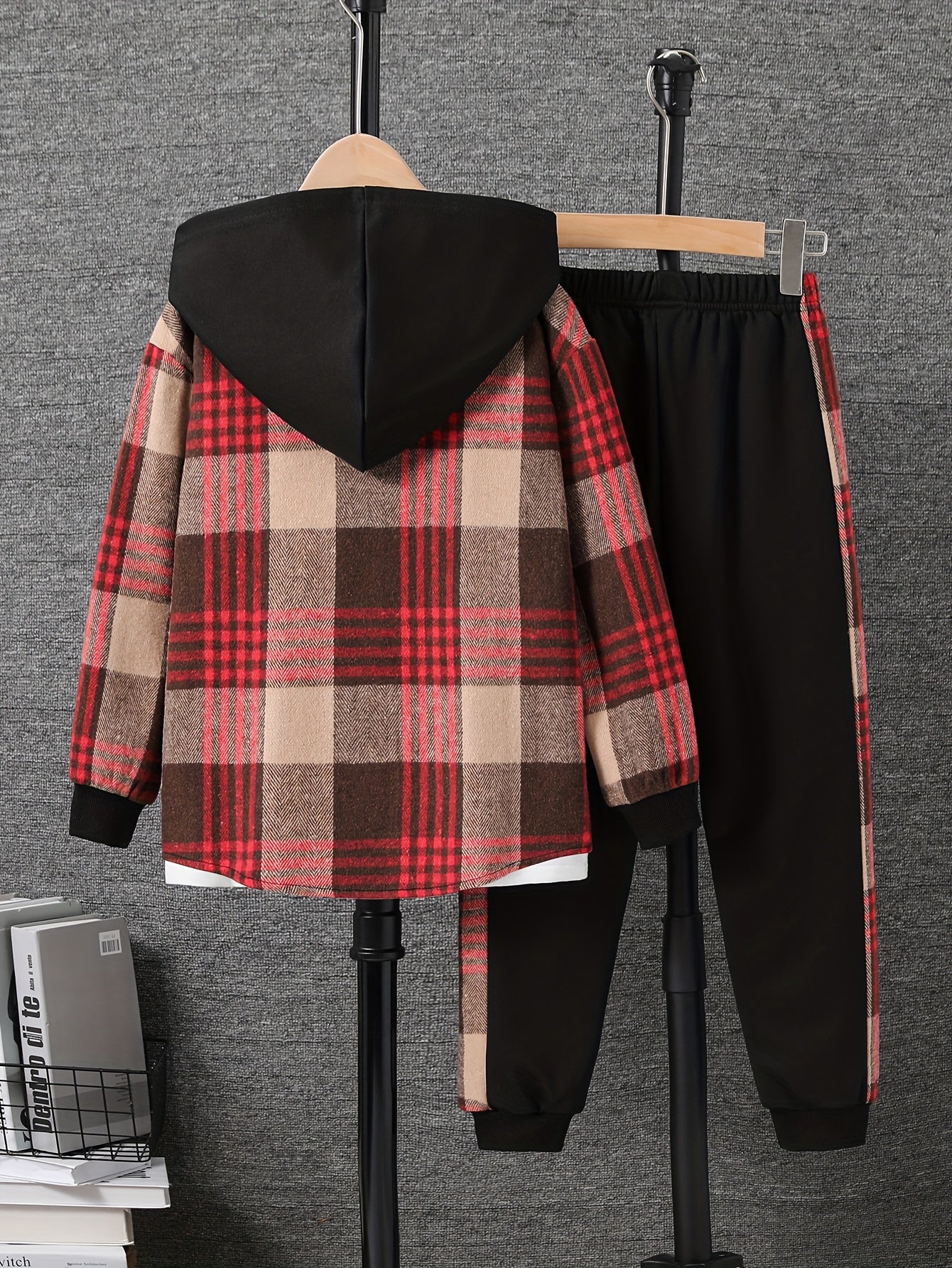 Boys' Fleece Plaid Hooded Long Pants Set, Perfect for Outdoor