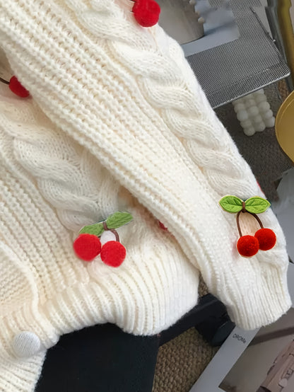 Women'S Purple Cable Cardigan with Cherry & Leaf Embellishments - Cozy Button-Up Sweater for Fall & Winter, Soft & Stylish Design, Perfect for Casual or Holiday Outfits, Winter Cardigan | Cable Cardigan | Buttoned Closure, Sw