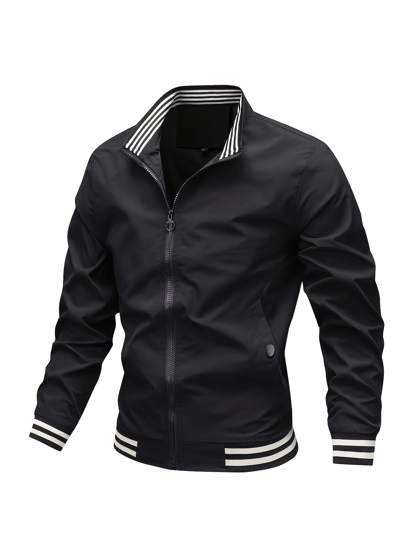 Men's Stand Collar Long Sleeve Zip Up Sports Jacket With Contrast Trim Design, Men's Spring Fall Outwear, As Gifts
