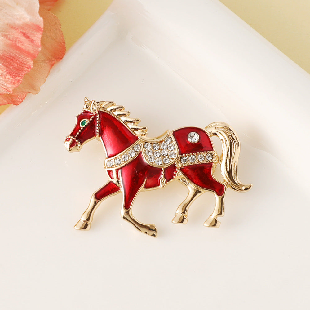 1pc Enamel Dripping Oil Inlaid Rhinestone Pony Fashion Brooch | Creative Ethnic Style Horse Badge Pin, High-End Design Couple Accessories, Exquisite Suit Corsage Party Decoration, Suitable for Christmas, Year of the Horse, Eq