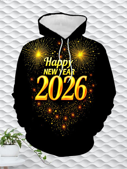 Men's 2026 New Year Fireworks Print Hooded Sweatshirt - Winter Warm Loose-Fit Pullover Hoodie with Firework Patterns, Machine Washable Casual Sweater for Christmas & NYE Parties (Red/Golden/White)