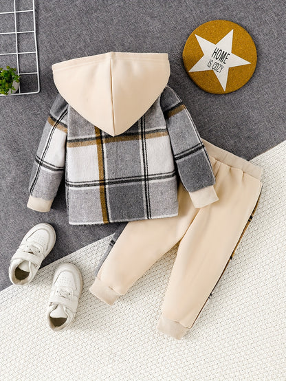 Boys' Plaid Hooded Jacket & Joggers Set - Cozy Fall Winter Outfit