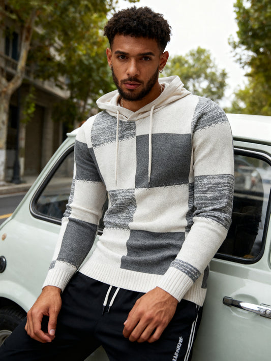 Տղամարդու ձմեռային տաք վանդակավոր պատչվորք սվիտեր - նեղ չափի գունավոր բլոկներով գլխարկով սվիտեր՝ պատչվորք նախշերով, լվացքի մեքենայով լվացվող սառը եղանակի սվիտերներ՝ բացօթյա սպորտաձևերի և առօրյա հագուստի համար (աշուն/ձմեռ)