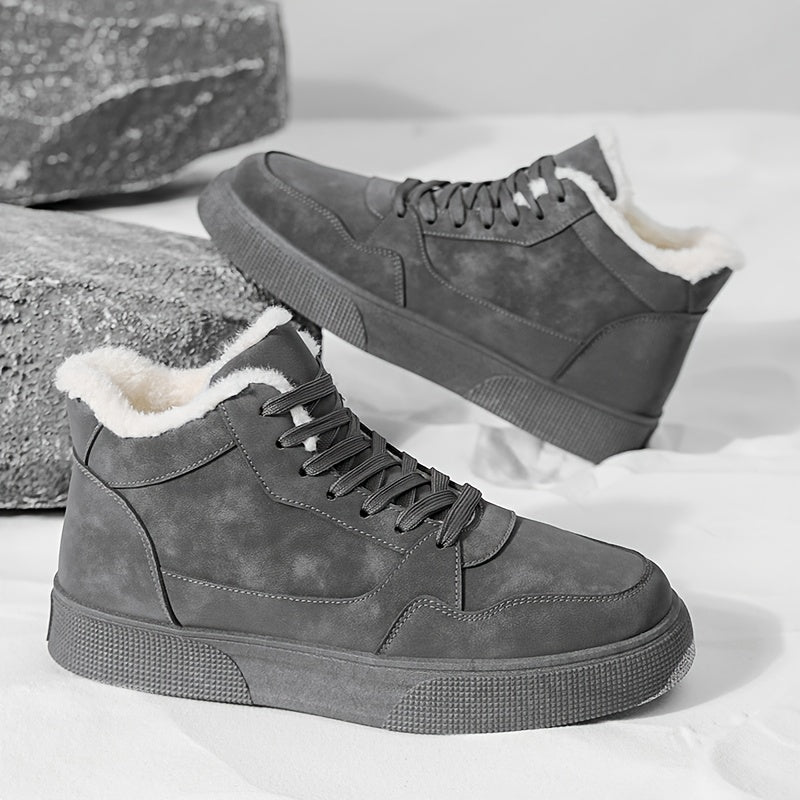 Men's Winter Warm Mid-Top Sneakers - Heavy-Duty Insulated Ankle Shoes with Thick Traction PVC Sole, Upper & Grey/White Beige Lining for Outdoor, Hiking, Skateboarding & Casual (Cold Weather) - Lace-Up Boots, Shoes For Men