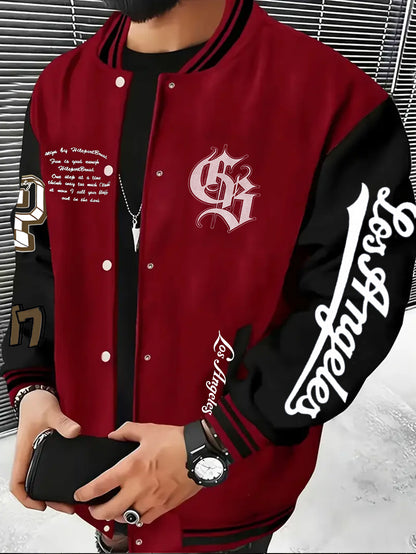 Men's Los Angeles Logo & Greek Letter Jacket - Oversized Loose Fit Baseball Collar Button-Front Coat with Number 27 Back Print, All-Season Casual Sportswear (Hand Washable) - -Themed Outerwear for Fans