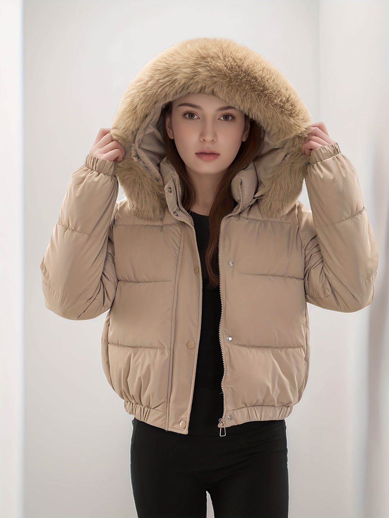 Women'S Winter Coat with Removable Faux Fur Hood - Thickened Loose Fit Long Sleeve Jacket, Zippered Pockets & Button Front, Casual Solid Color Outerwear for Cold Weather, Cozy Warmth, Buttoned Closure, Durable Fabric