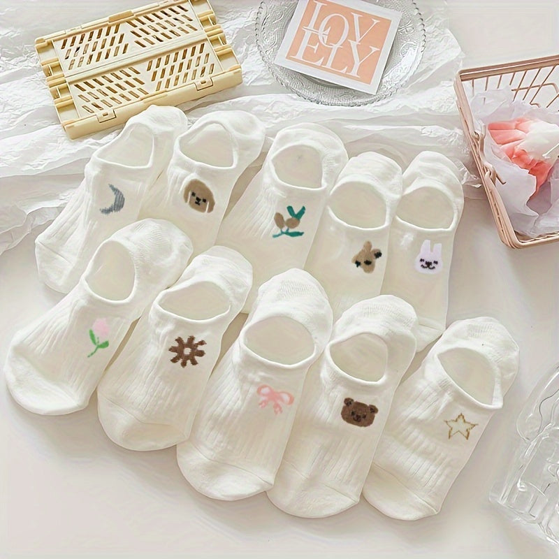 10pcs Cute Animal & Floral No-Show Socks for Women - Breathable, Soft Polyester Blend, Invisible Boat Socks with Non-Slip Heel, Perfect for Spring & Summer, Cute Socks
