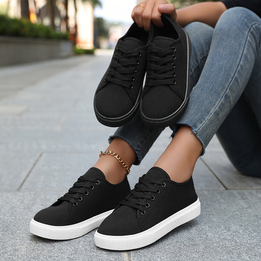 Women'S Lightweight Sneakers - Black and White Casual Lace-Up Skate Shoes with Round Toe, Comfortable EVA Sole, Breathable Fabric, Low Top Design for Casual Attire, Casual Skate Shoes|Round Toe Sneakers|Breathable Fabric Snea